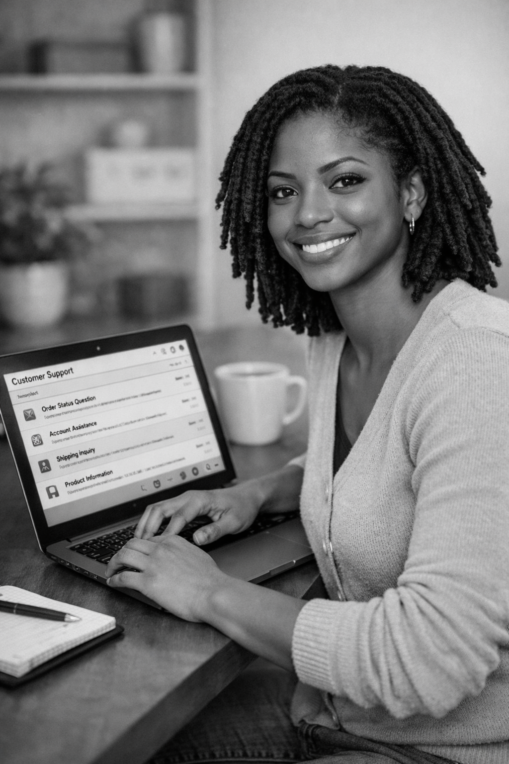 A woman with curly hair smiling at the camera, sitting at a table with a laptop displaying customer support options, a notebook and pen, and a coffee mug.