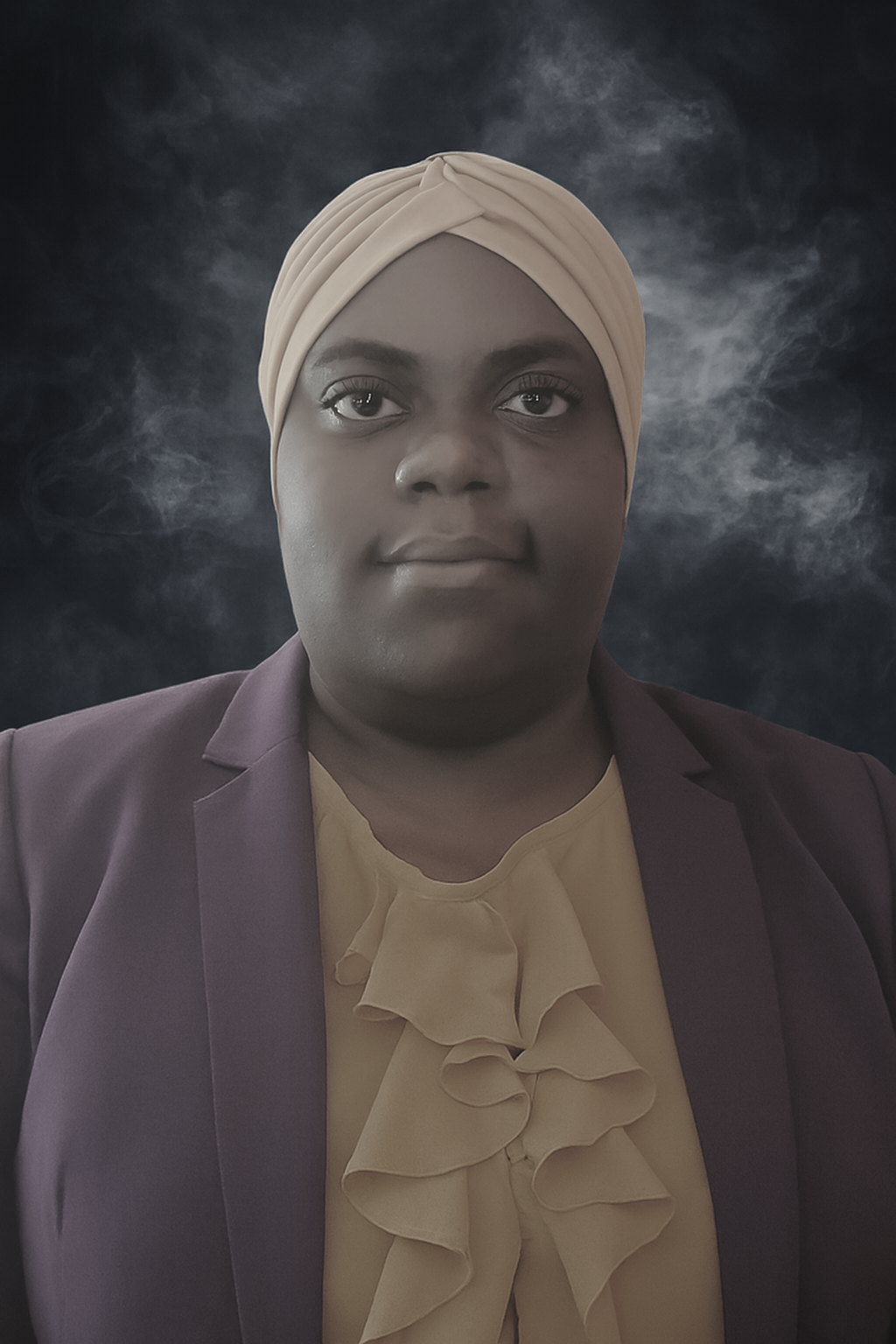 A woman wearing a beige headwrap, yellow ruffled blouse, and purple blazer stands against a dark, cloudy background.