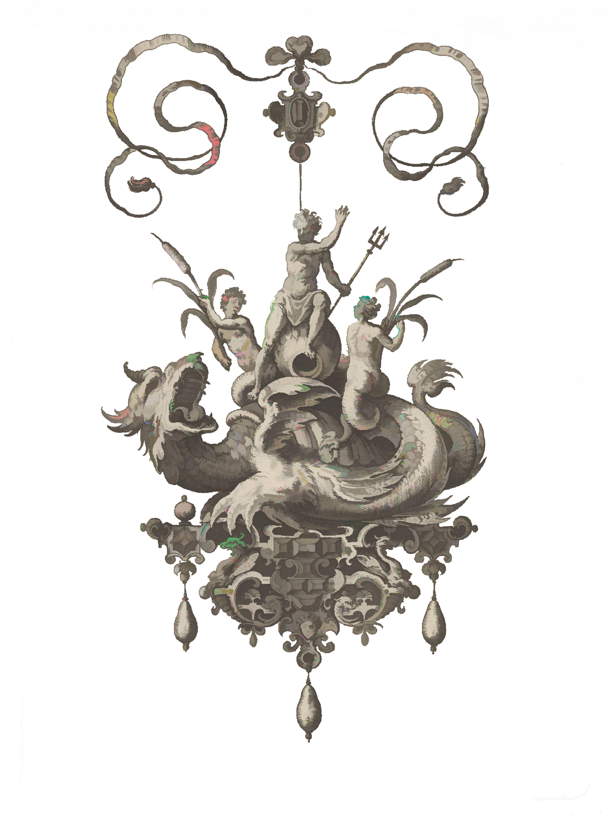 A baroque-style chandelier featuring cherubs, a dragon, and ornate decorative elements, with a central cherub holding a spear.
