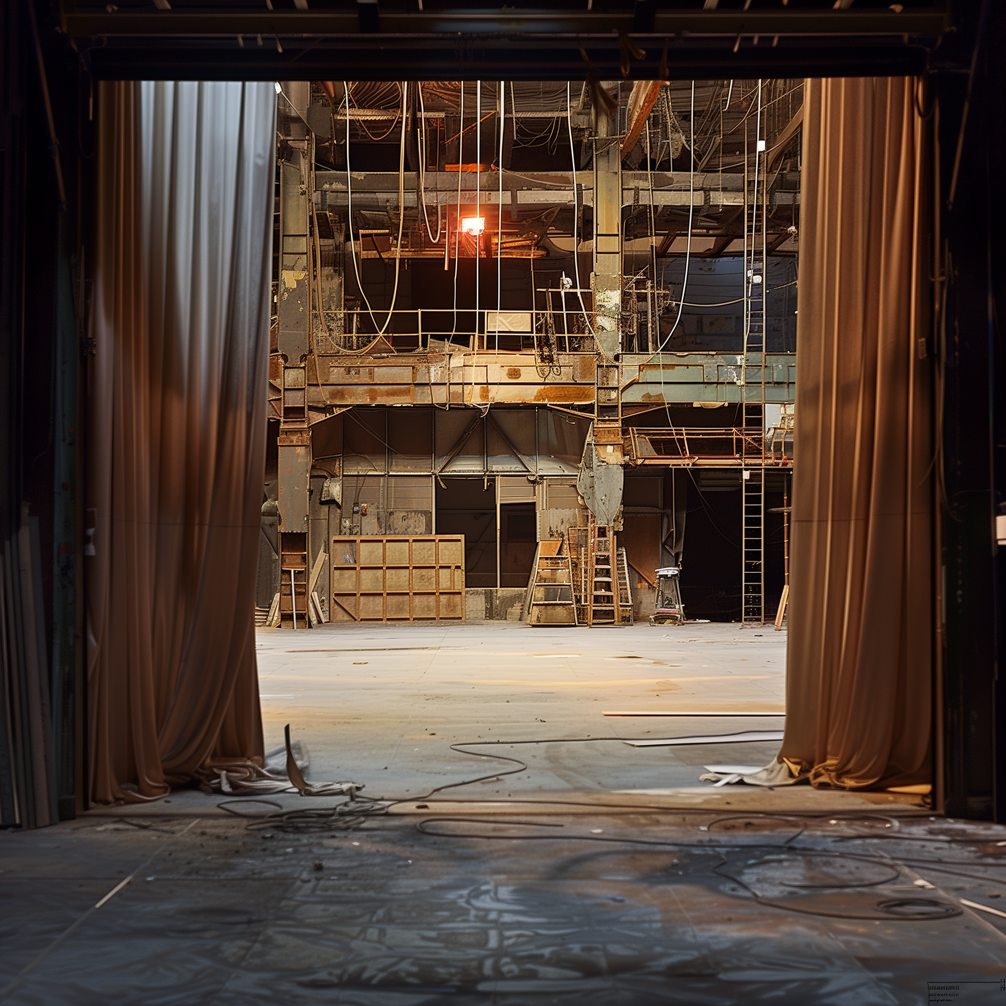 The image shows the behind-the-scenes view of a theater stage under construction, with curtains drawn back. The stage is empty, with visible scaffolding and structural elements at the back, and some lighting equipment hanging from above.