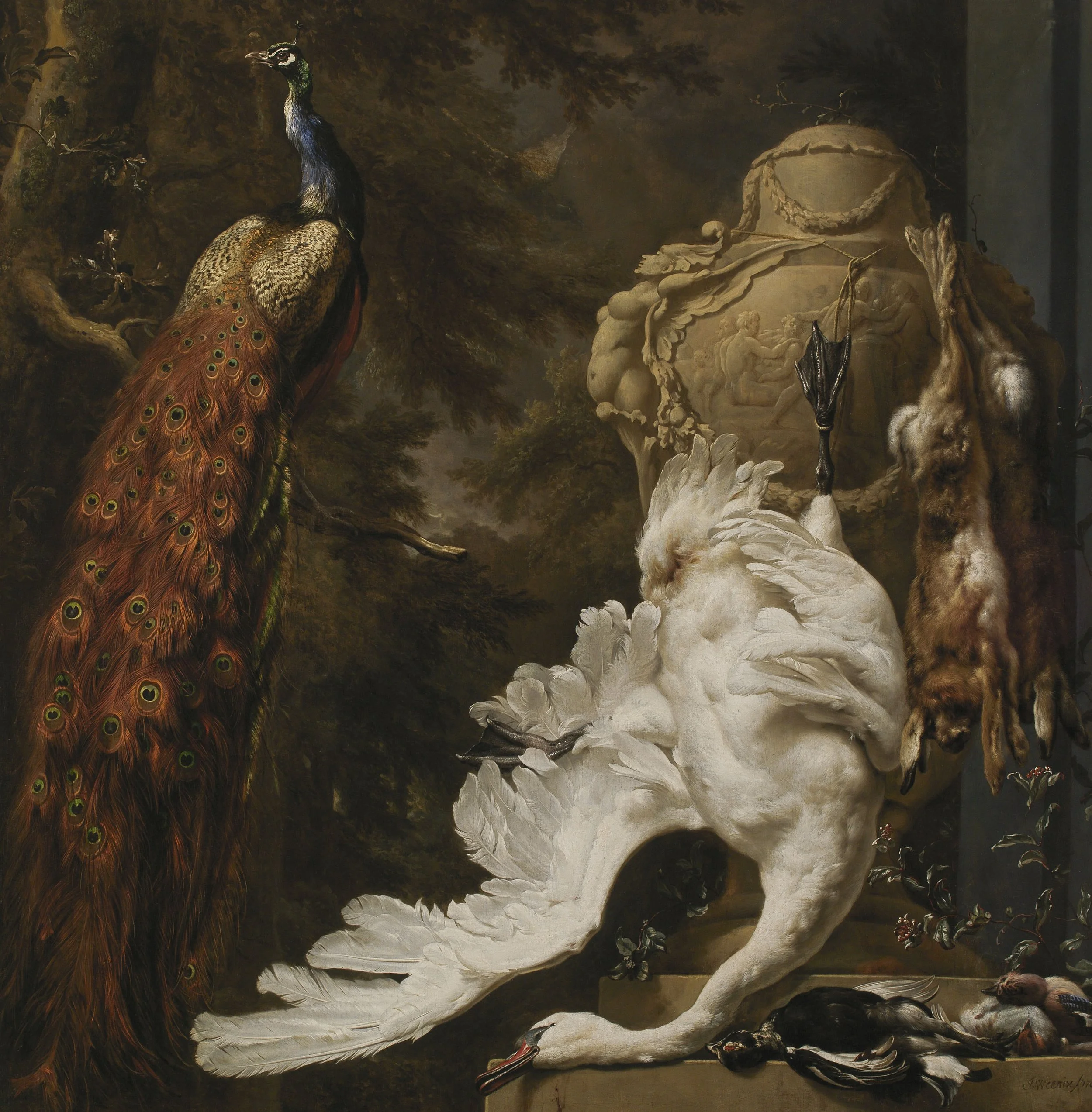 A classical oil painting depicting a peacock on a branch to the left, a white swan and some dead birds on the ground to the right, and a large carved urn in the background.