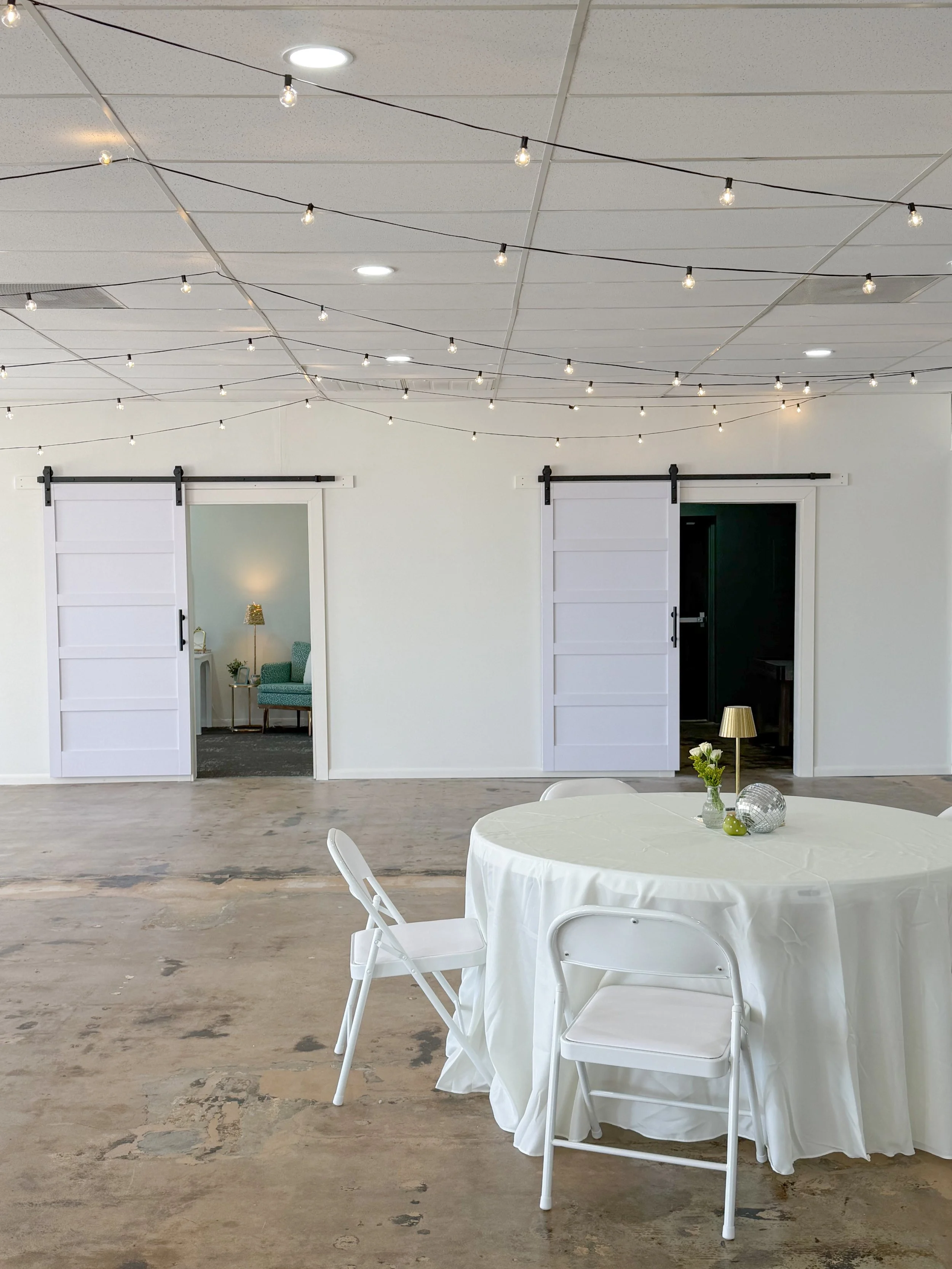 Main Space looking into our bridal and grooms room