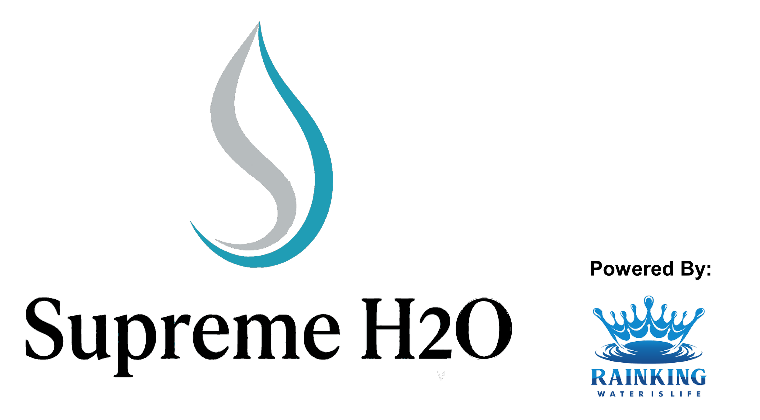 A logo with a stylized water droplet in gray and blue, and the text 'Supreme H2O' below it. to the right text showing Powered By: Rainking logo image below it