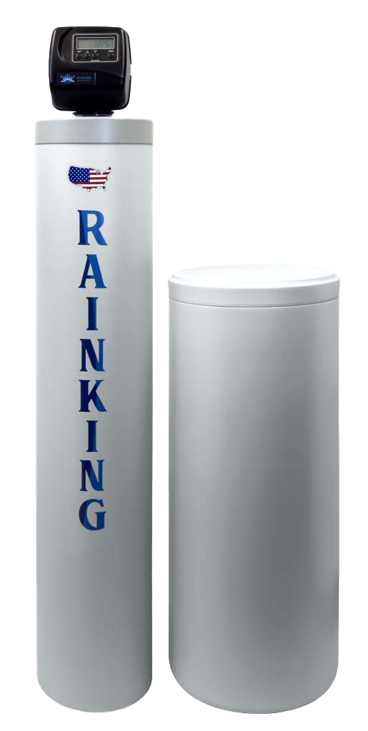 A water softener system with a white cylindrical tank labeled 'RINKI NG' and a control panel on top, next to a plain white cylindrical tank.