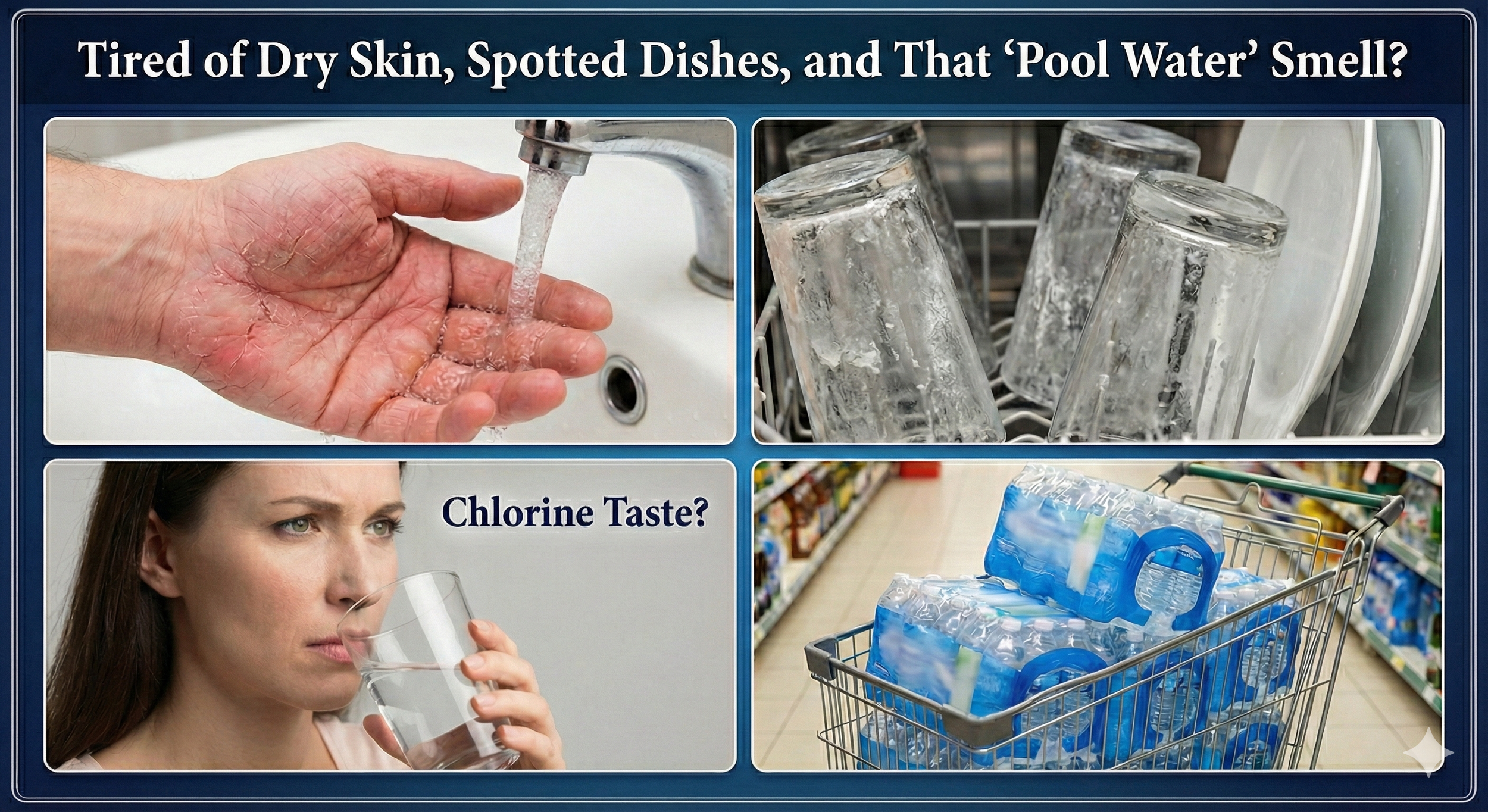 A collage showing dry skin, dishes with a chlorine smell, and bottled water in grocery store. Top left: hand washing under running water. Top right: dirty, frosted glasses in a dishwasher. Bottom left: woman smelling a glass of water with a displeased expression, labeled "Chlorine Taste". Bottom right: shopping cart filled with bottled water.