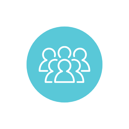 Icon of five people in a blue circle, representing a group or community.