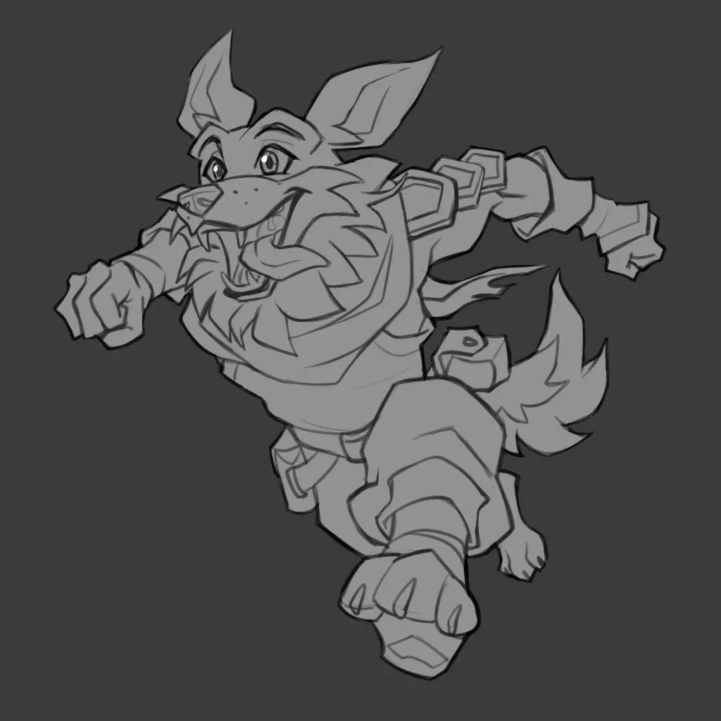 A cartoon-style illustration of a running anthropomorphic dog with a muscular build, wearing armor and a determined expression.