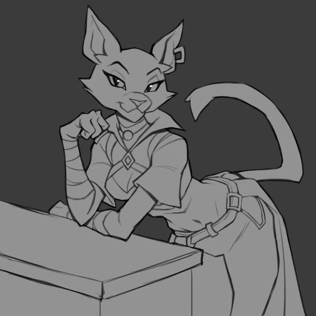 A humanoid cat character with a confident expression, wearing a martial arts or fantasy-inspired outfit with belts, a collar, and long gloves, leaning on a surface with one hand while the other is clenched into a fist.