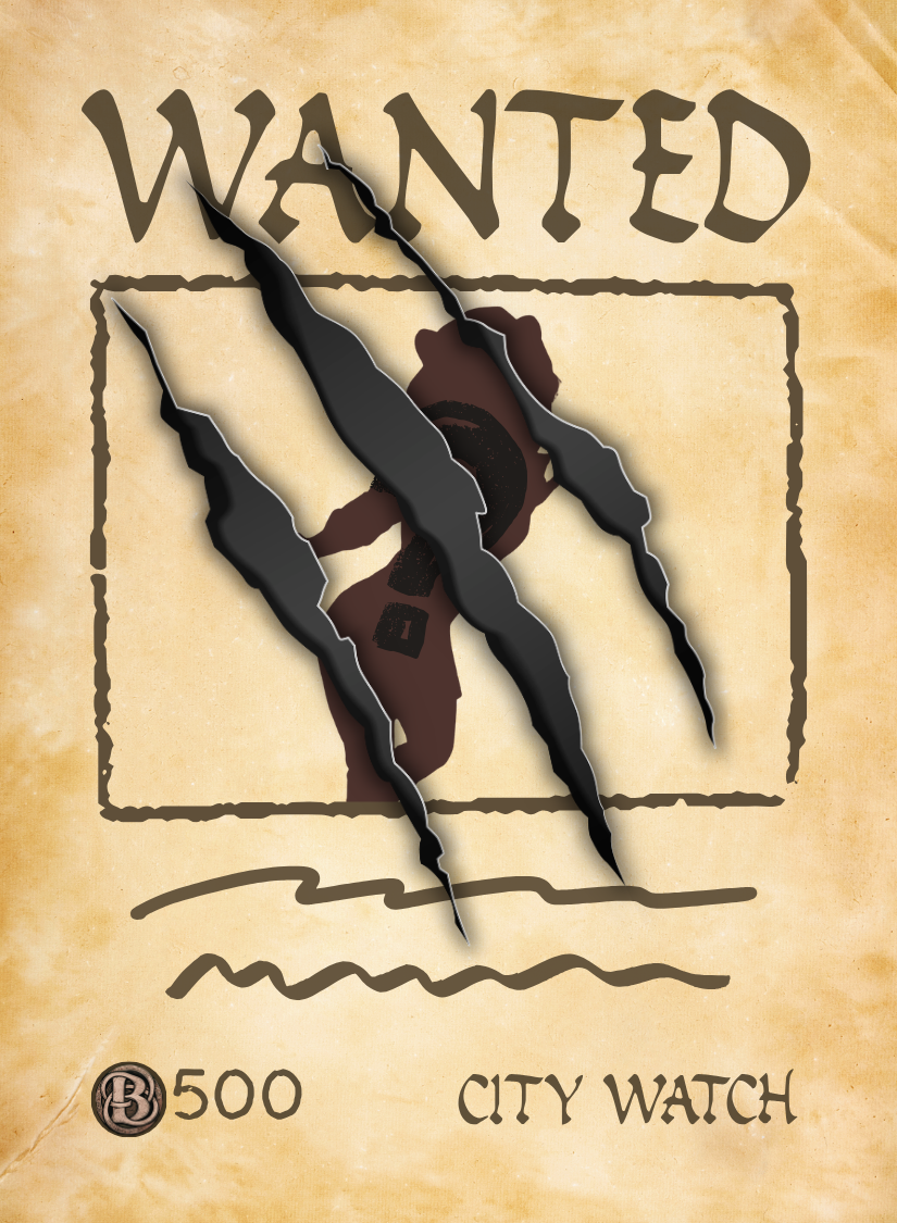 A wanted poster with a torn image of a person and large claw marks across it, with the words 'WANTED' at the top and 'CITY WATCH' at the bottom. There is a reward of 500 coins.