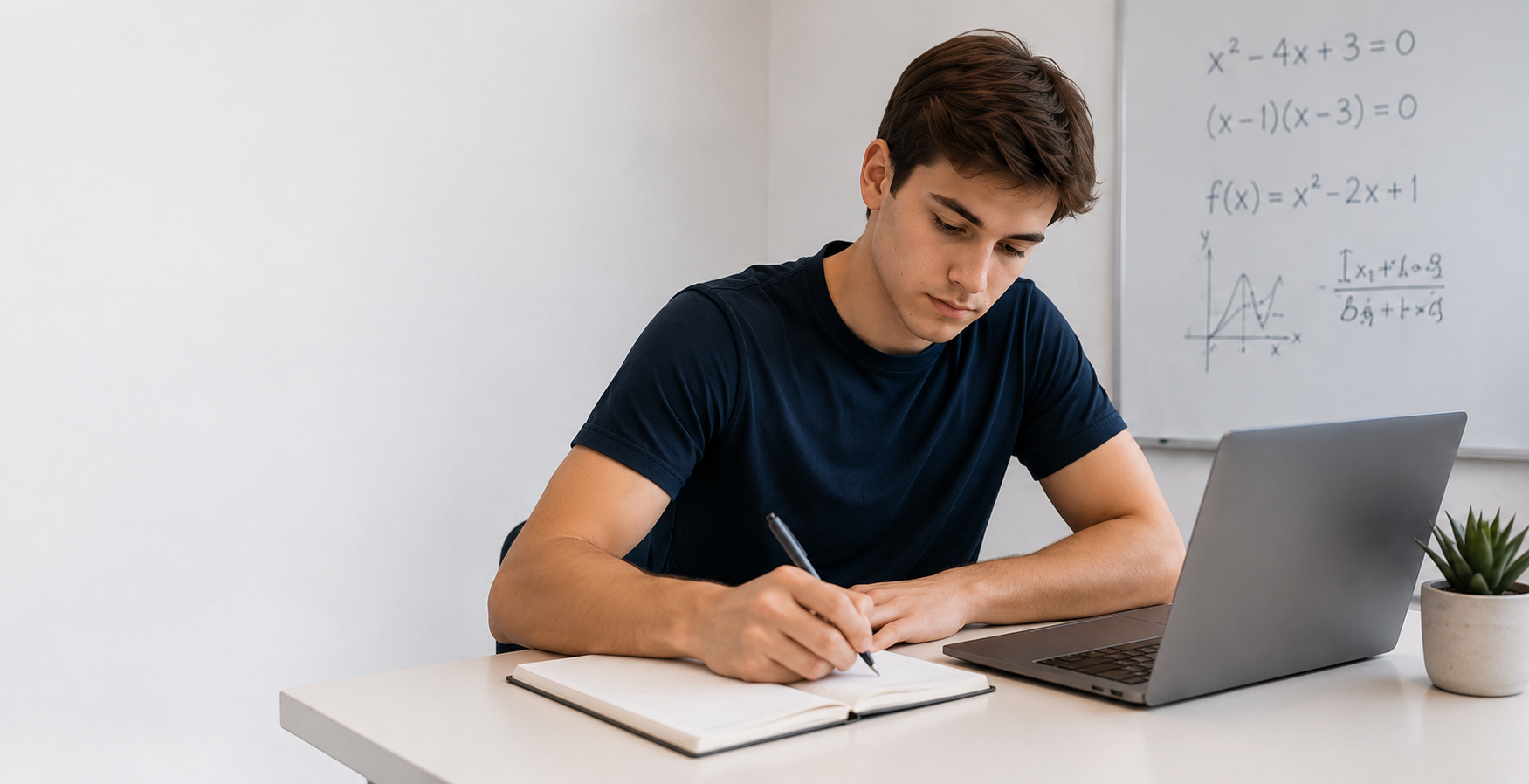A young man studying with a notebook and pen at a white desk, with a laptop. A whiteboard with math equations and graphs is in the background.