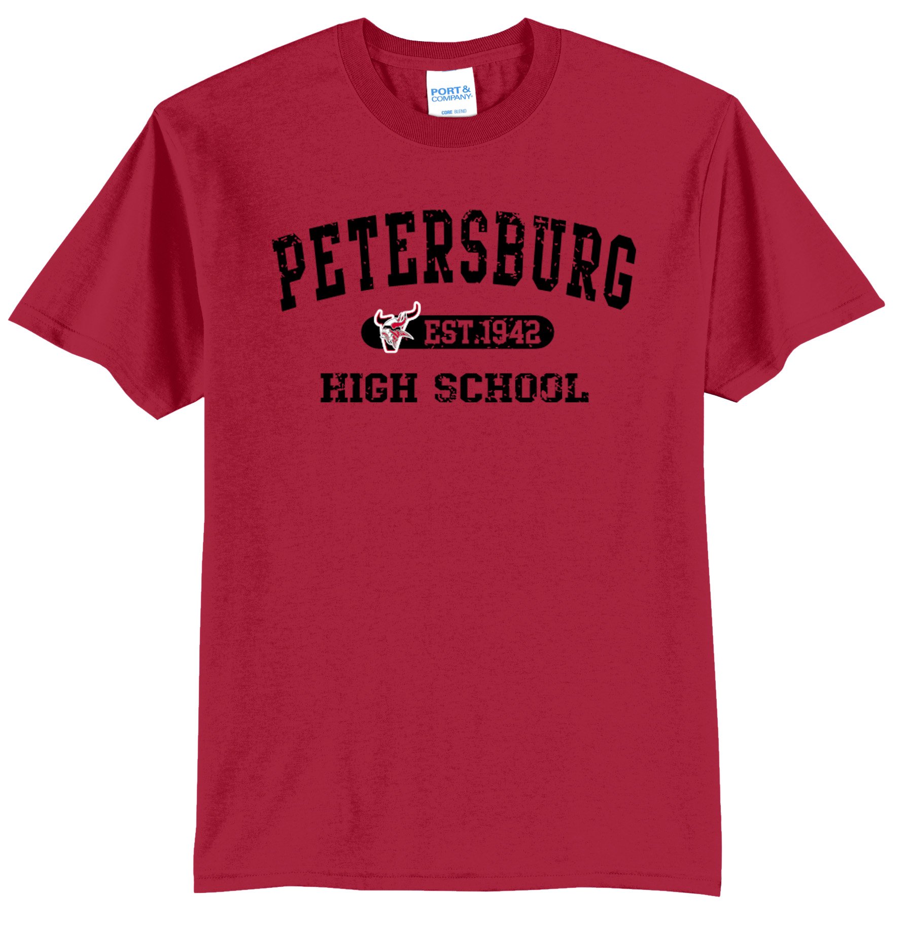 Petersburg High School Rustic Look w/ Viking V and Viking Head Graphic Tee Shirt