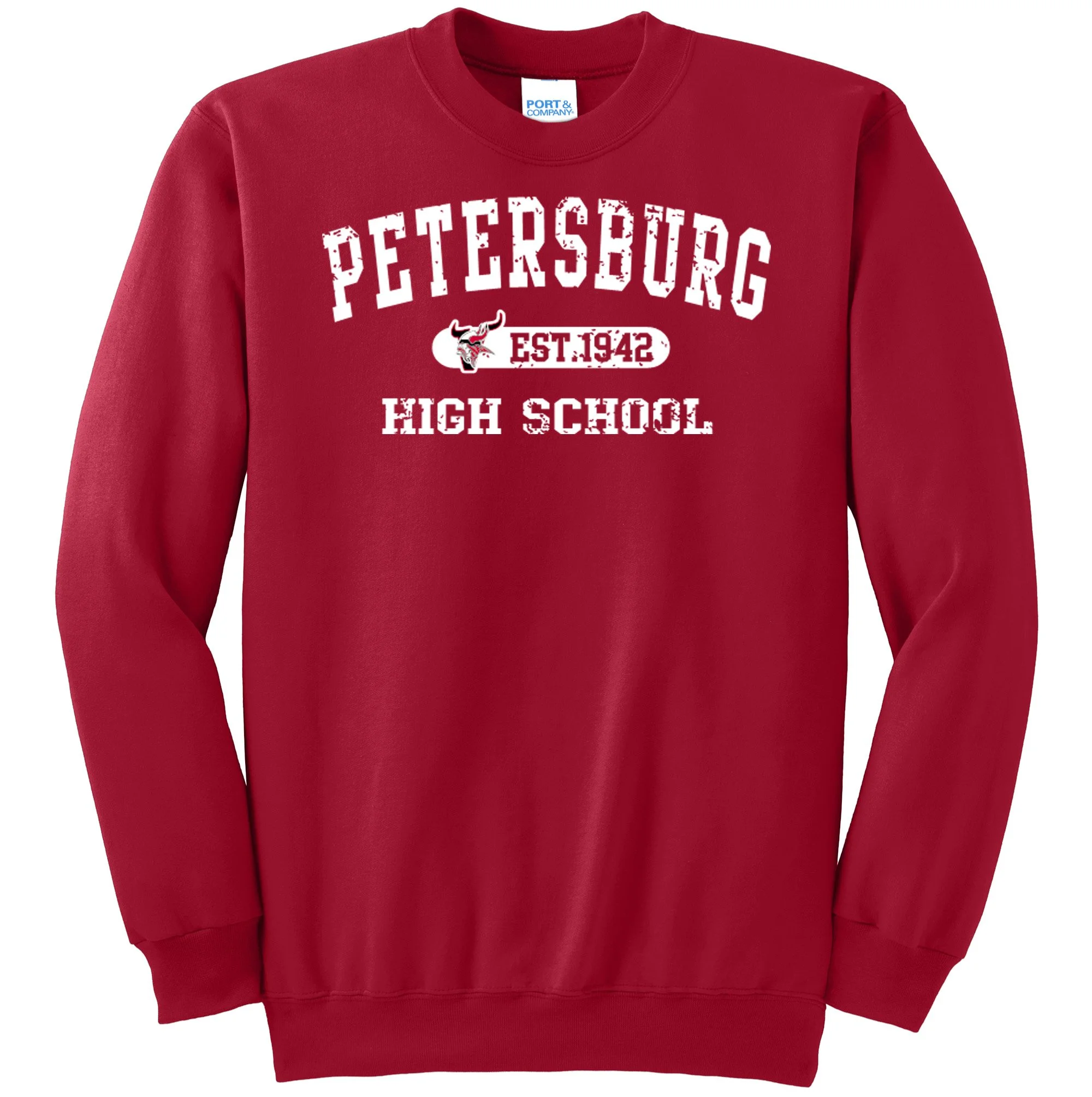 Petersburg High School Rustic Look w/ Viking V and Viking Head Graphic Crewneck Sweatshirt White