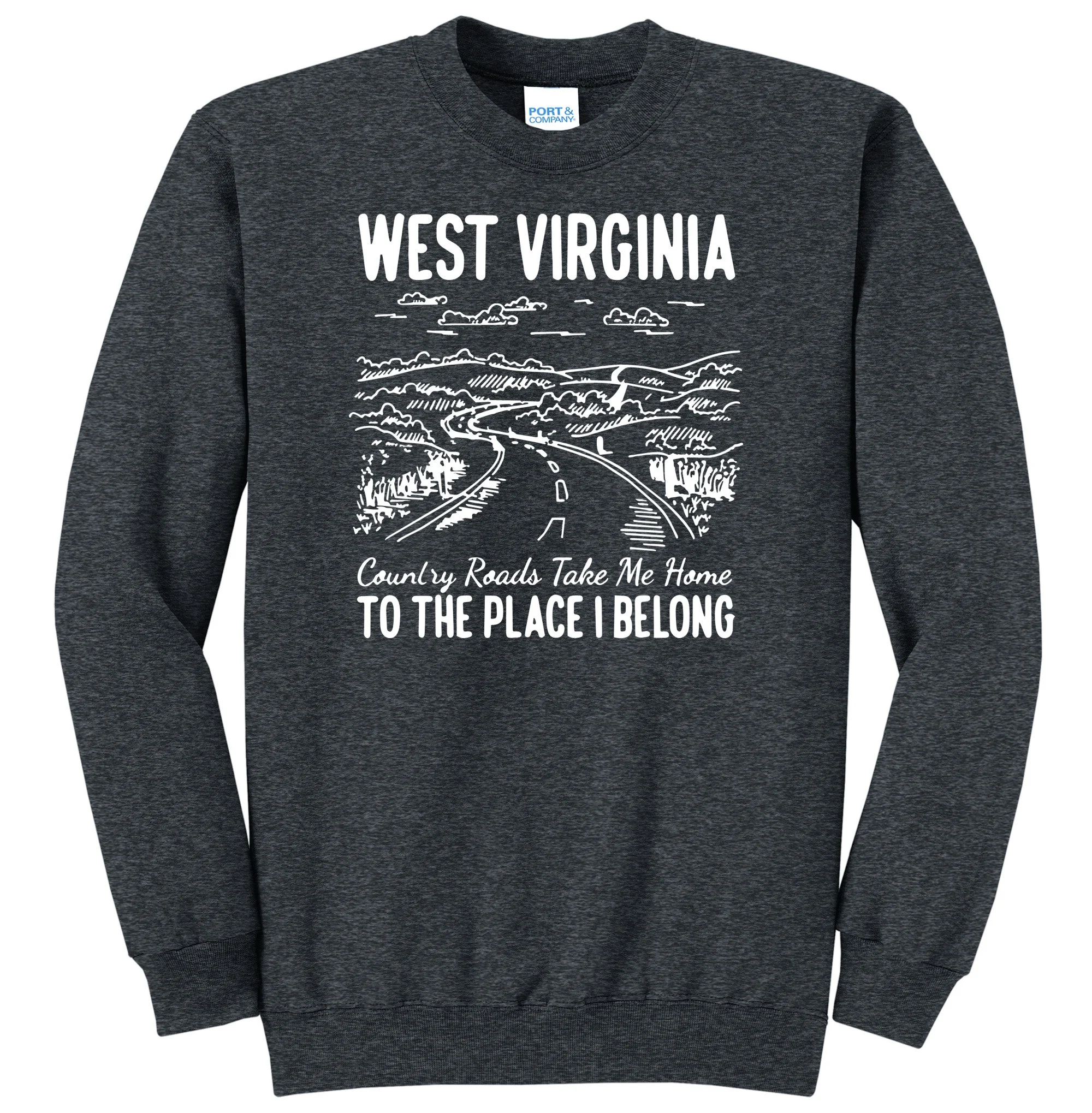 West Virginia Sketch Country Roads White Crewneck Sweatshirt