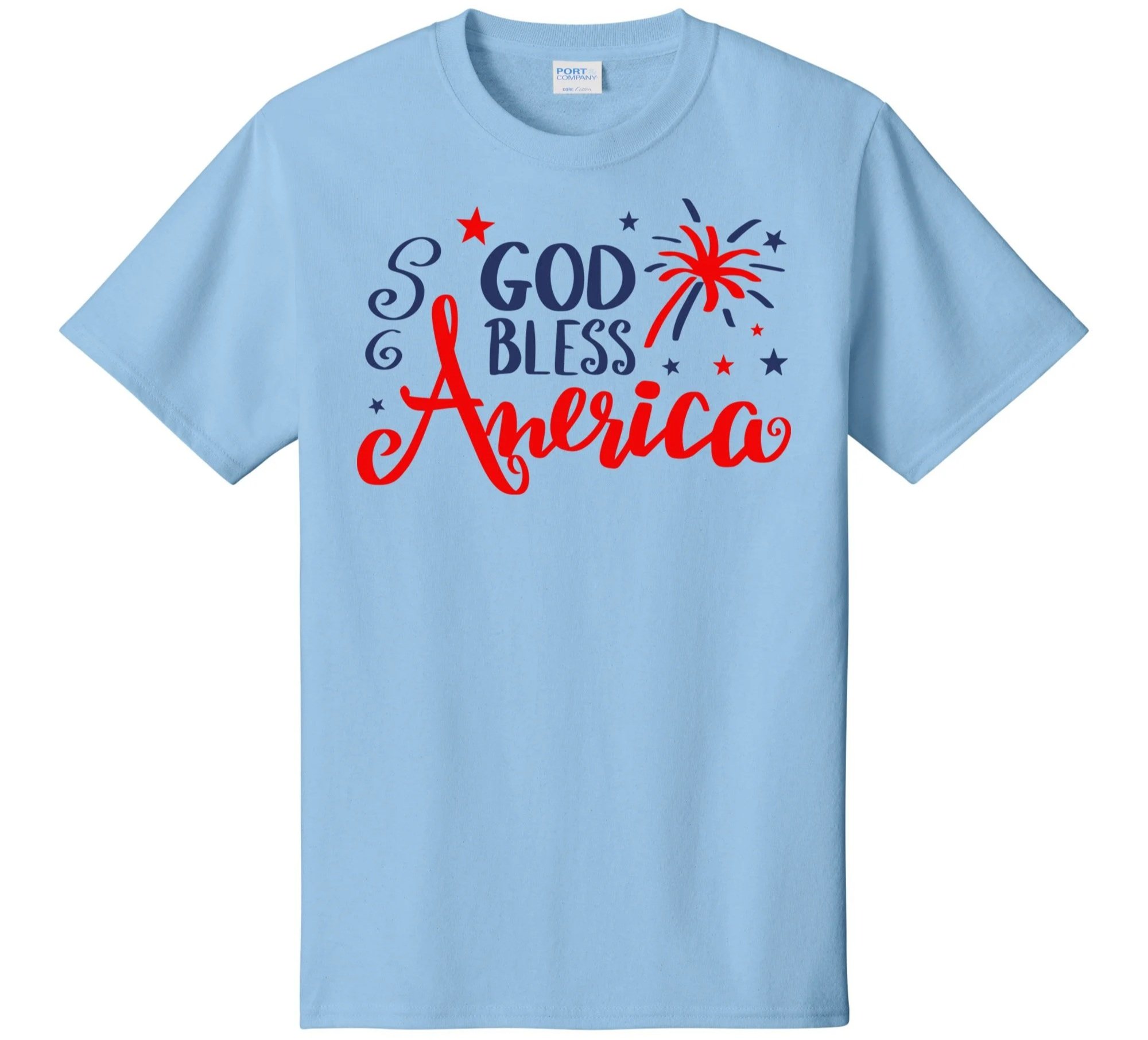 God Bless America- Script And Fireworks Graphic Tee Shirt