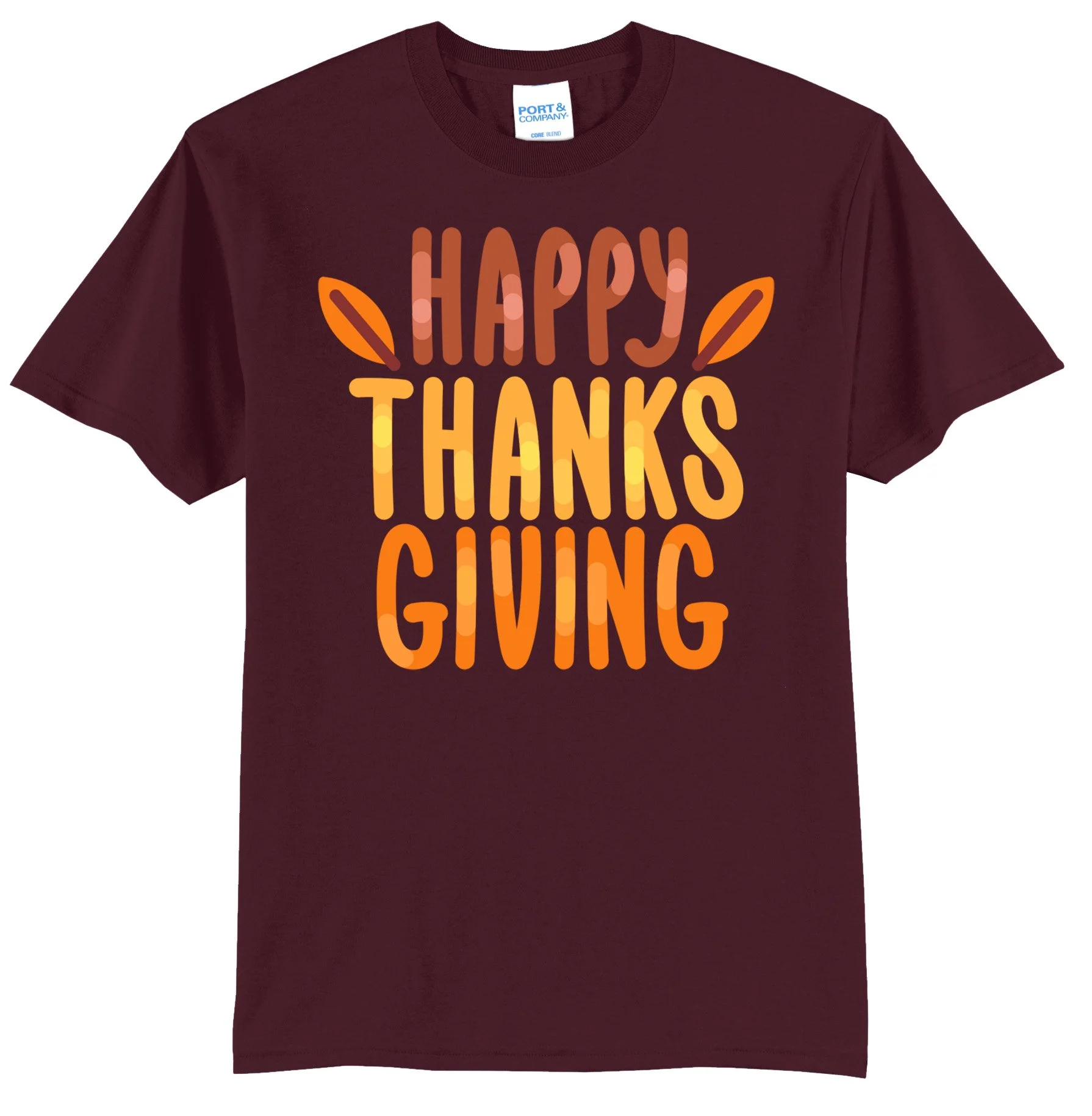 Happy Thanksgiving-Bubble Letters and Leaves Graphic Tee Shirt