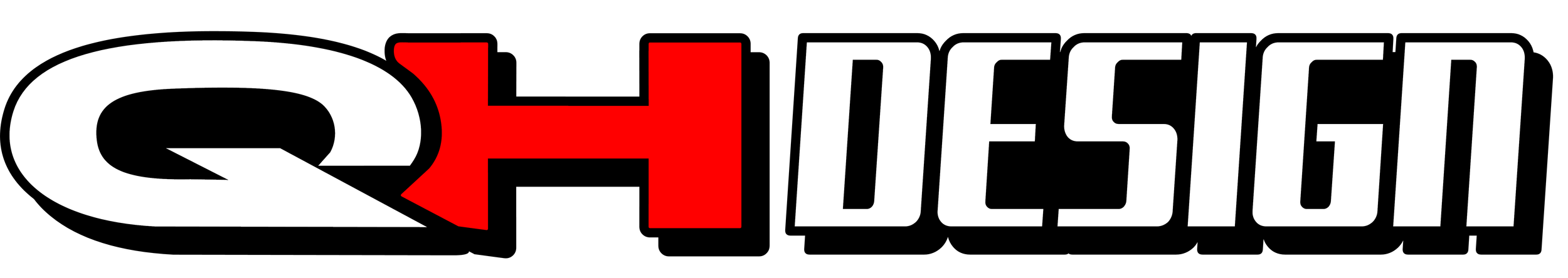 QH Design logo with black, white, and red text on a black background.