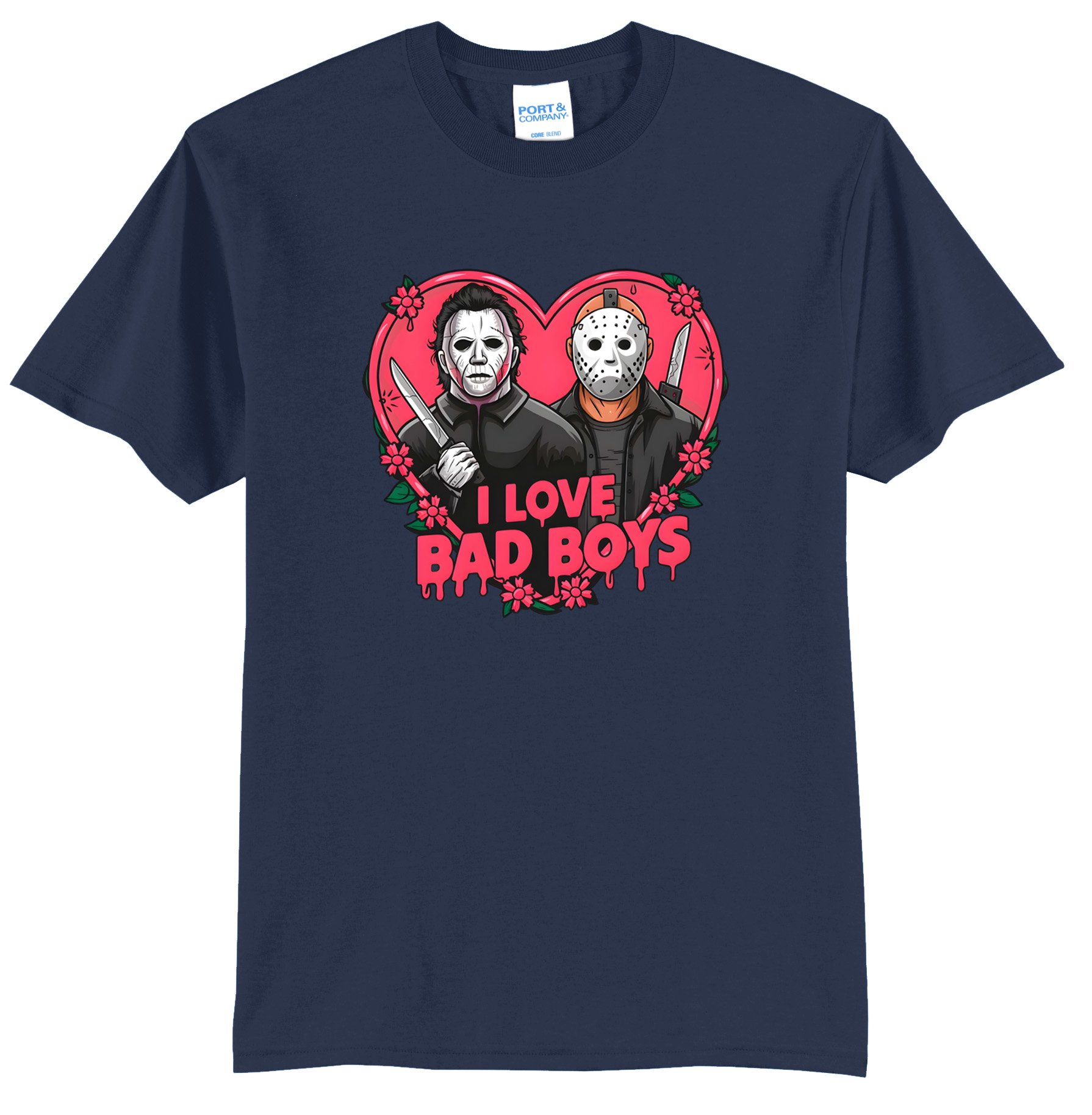 I Love Bad Boys Jason/Michael Myers Halloween Heart Graphic Tee Shirt