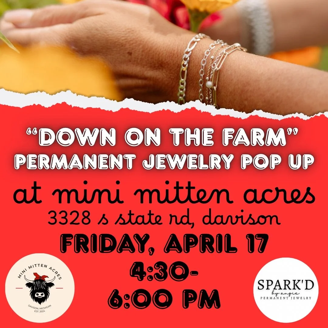 Three chances to pop in for your permanent jewelry fix this weekend!

Friday, April 17, 4:30-6pm @minimittenacres

Saturday, April 18, 10am-5pm, Michigan Makers Spring Market

Sunday, April 19, 11am-2pm, @15thstreettavern