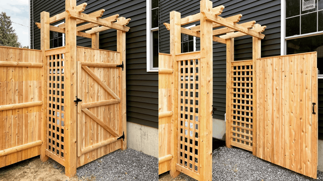 Two images showing a wooden outdoor gate and fencing. The left image has a partially open gate with black hinges, while the right image shows the gate closed.