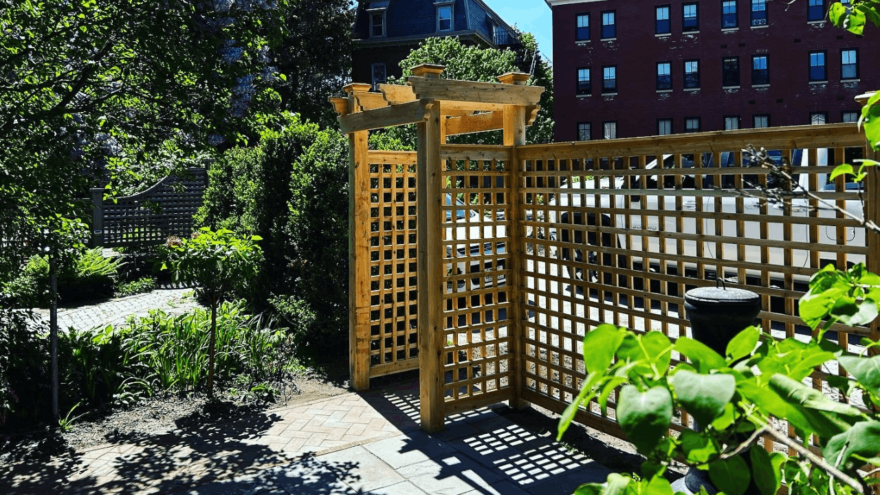 A backyard garden with lush green trees and plants, a wooden lattice privacy screen, and a paved pathway, with water flowing from a black rain chain into a black container.