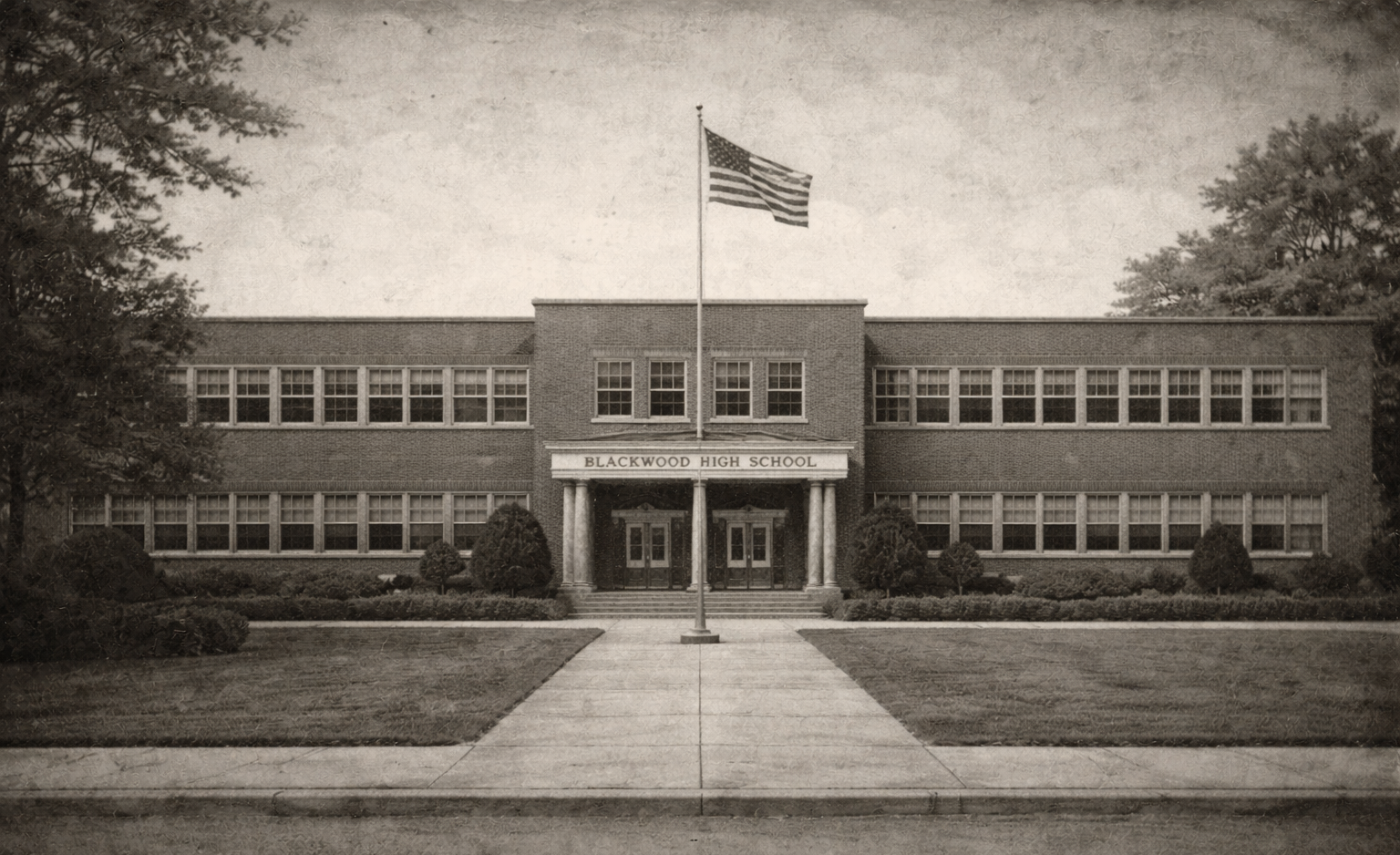 A black and white photograph of Blackwood High School, a brick school building with multiple windows, a flagpole with an American flag, and a walkway leading to the main entrance with a sign reading 'Blackwood High School'.