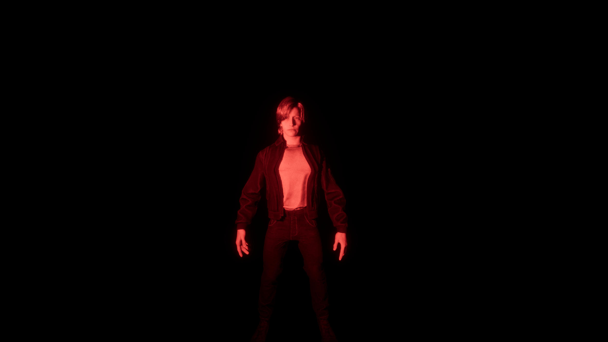 Woman standing in darkness illuminated by red light, wearing a black jacket and pants.