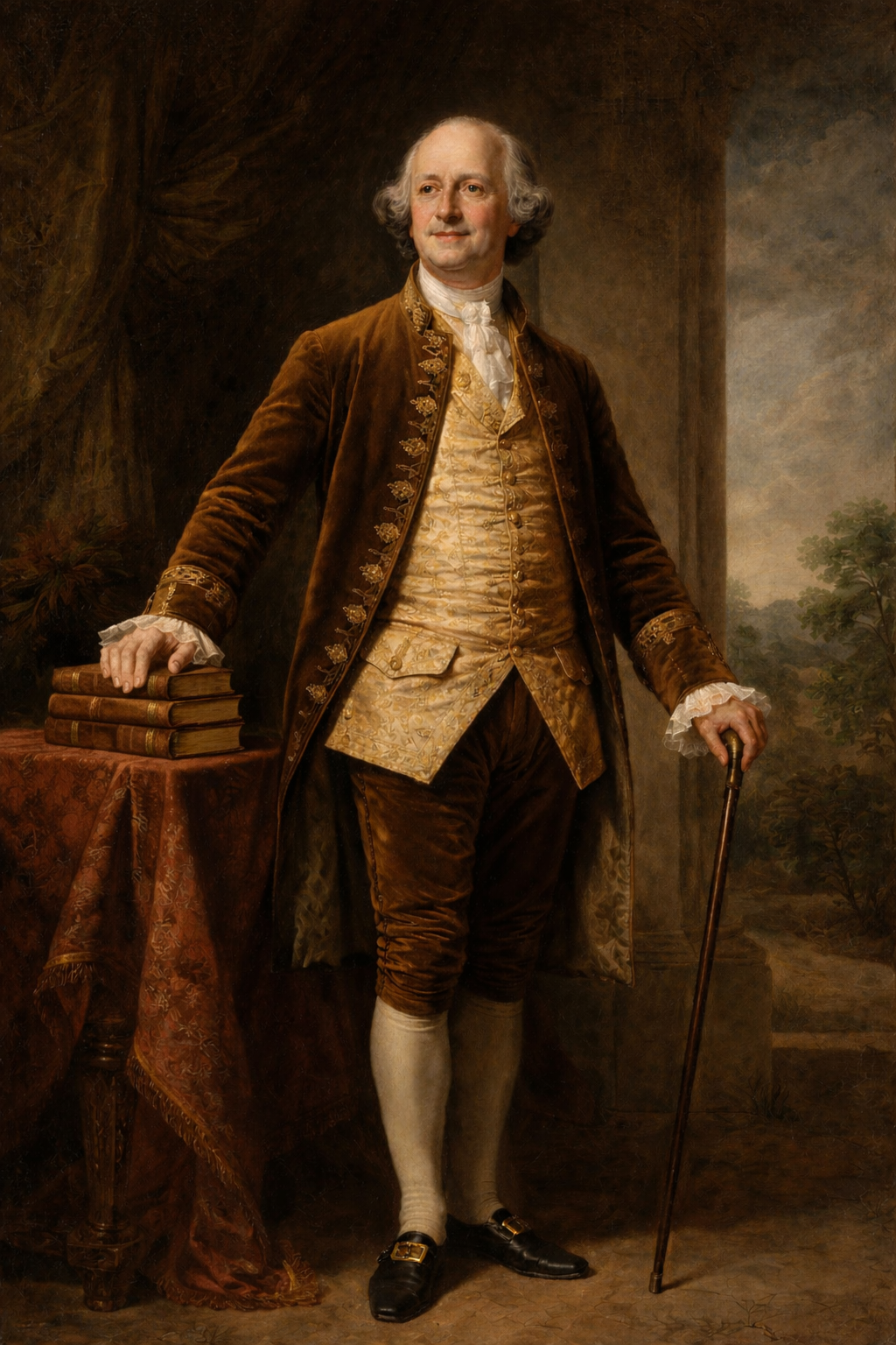 A painting of an 18th-century man dressed in elegant, ornate clothing, standing beside a table with a stack of books and a landscape background.