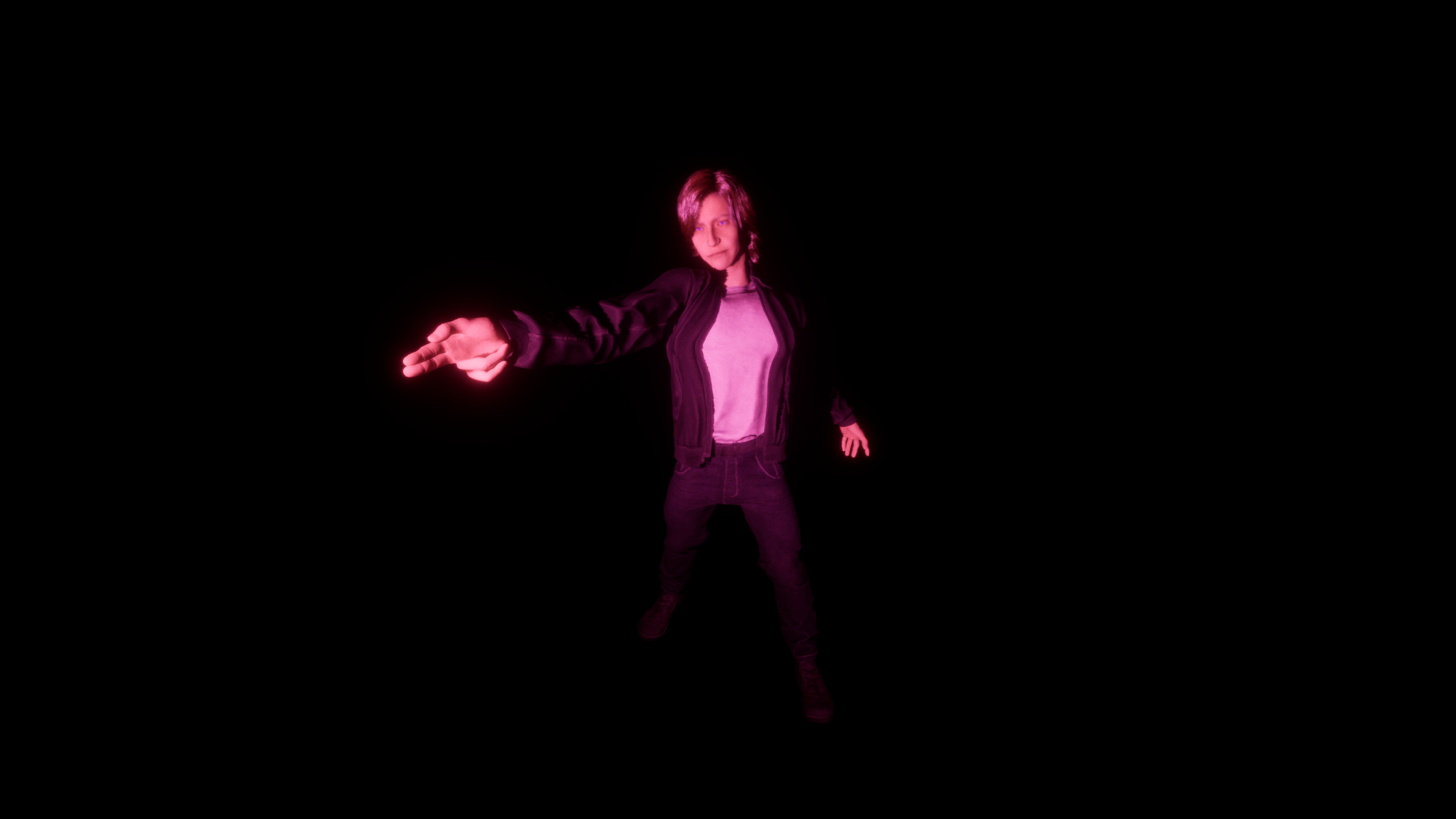 Person with short hair wearing a jacket and t-shirt, extending their right arm with a glowing pink and red light in a dark background.