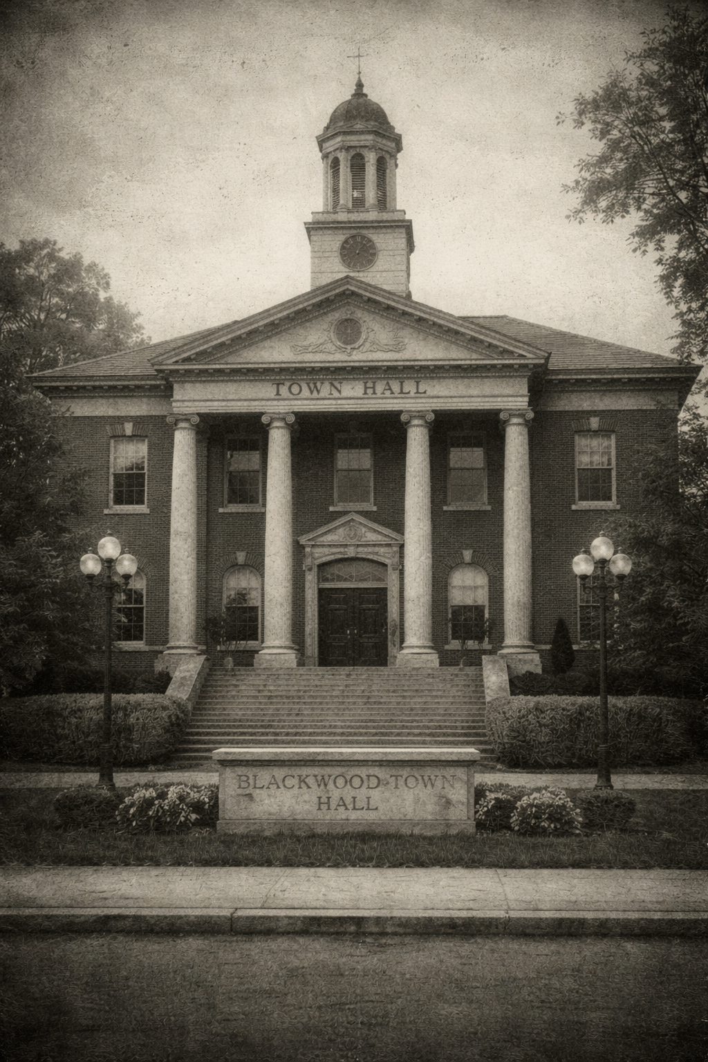 Black and white photo of the historic Blackwood Town Hall, a two-story brick building with six large columns at the entrance. The building has a clock tower with a cross on top and a sign that reads 'TOWN HALL' above the columns. There are steps leading up to the entrance and a stone sign in front that says 'BLACKWOOD TOWN HALL.' Surrounding the building are trees and street lamps.
