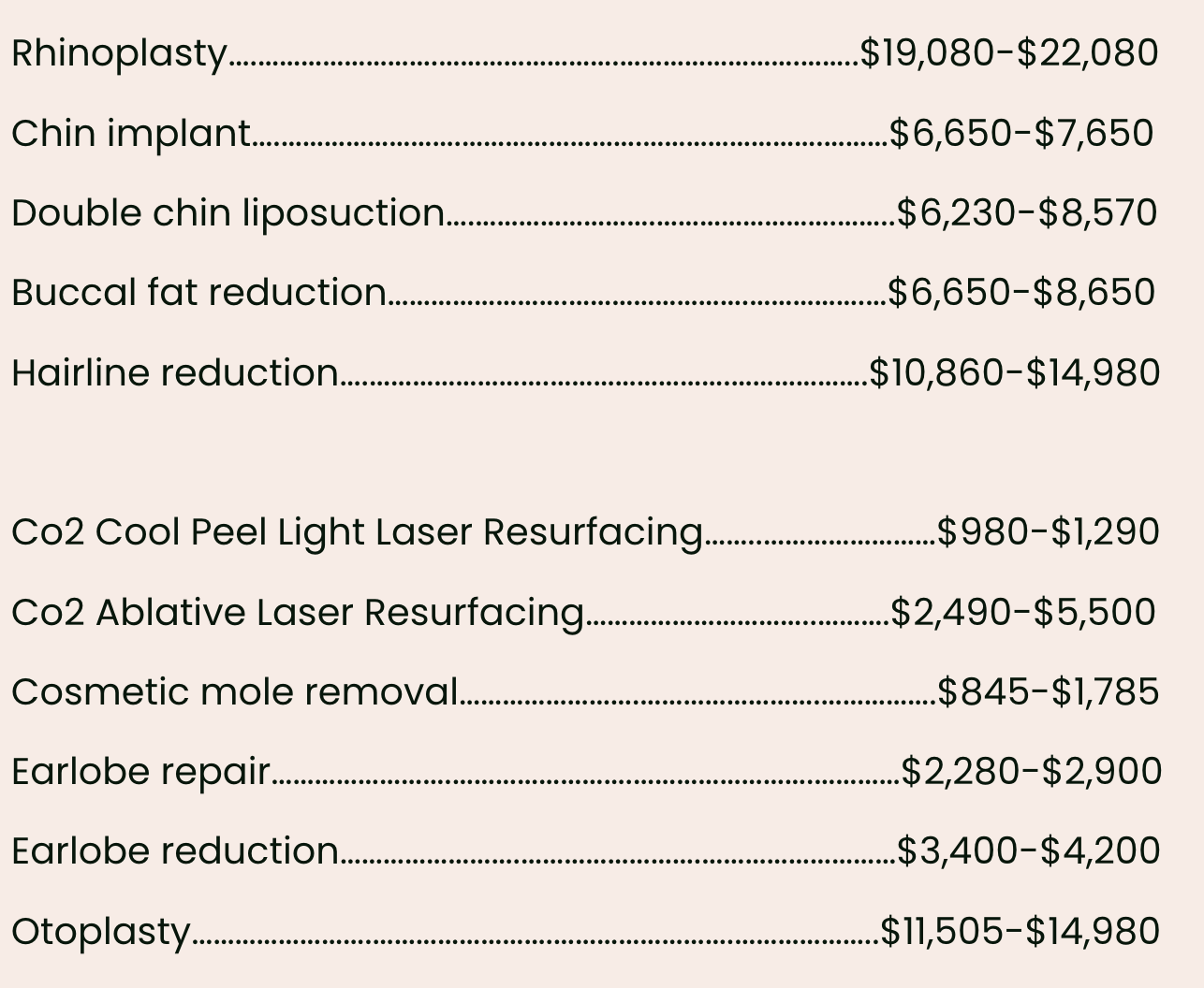 A list of cosmetic procedures with estimated costs, including rhinoplasty, chin implant, double chin liposuction, buccal fat reduction, hairline reduction, various laser resurfacing treatments, mole removal, ear lobe repair, ear lobe reduction, and otoplasty.