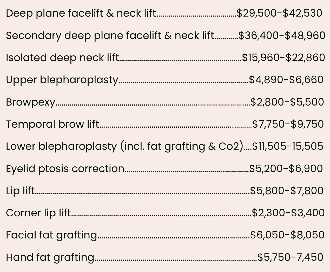 List of cosmetic surgical procedures with prices, including deep plane facelift, neck lift, brow lift, eyelid correction, lip lift, and fat grafting.