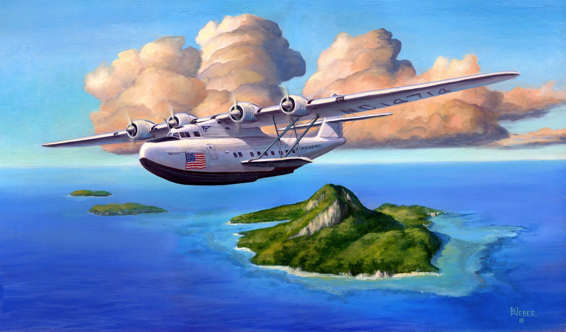 A painting of a seaplane flying over the ocean near lush green islands with hills and rocky coastlines, under a sky with large fluffy clouds and a mixture of blue and pink hues.