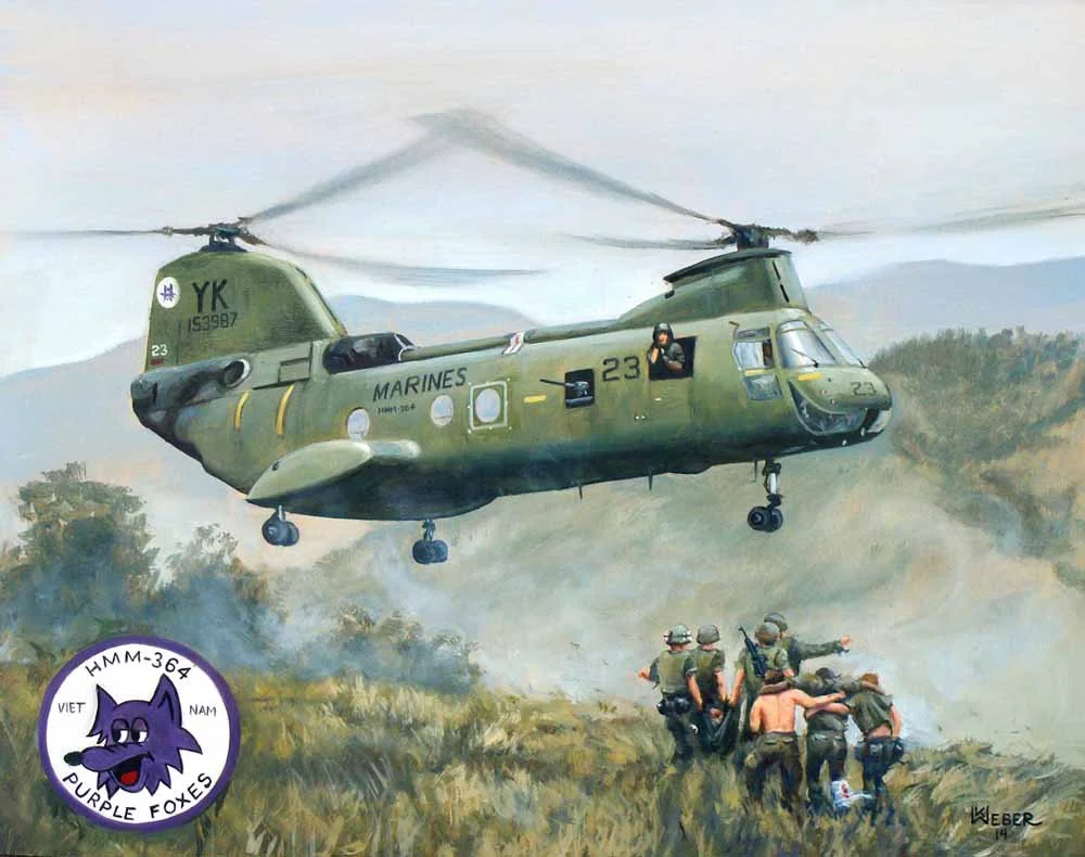 A military helicopter flying low over soldiers with guns in a grassy field, with a purple fox insignia on the bottom left corner.