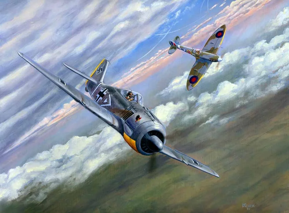 A painting of World War II fighter planes flying in the sky among clouds, with one plane in pursuit of the other.