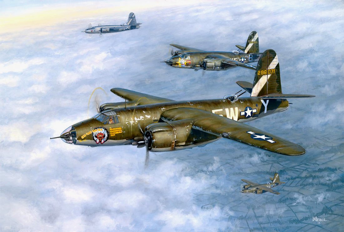 Three vintage military aircraft flying in formation above clouds, with a clear sky in the background.