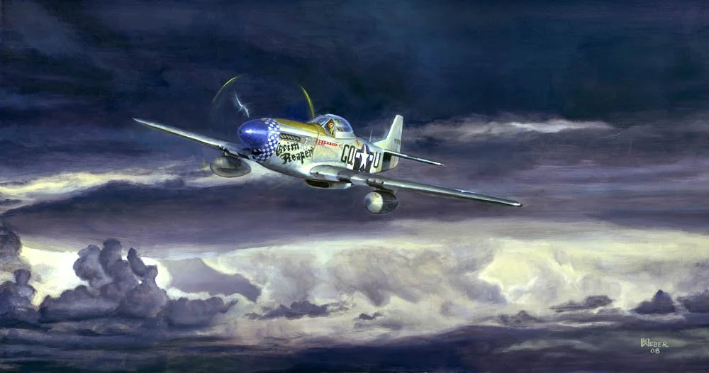 A vintage military aircraft flying through a stormy sky with dark clouds and lightning.