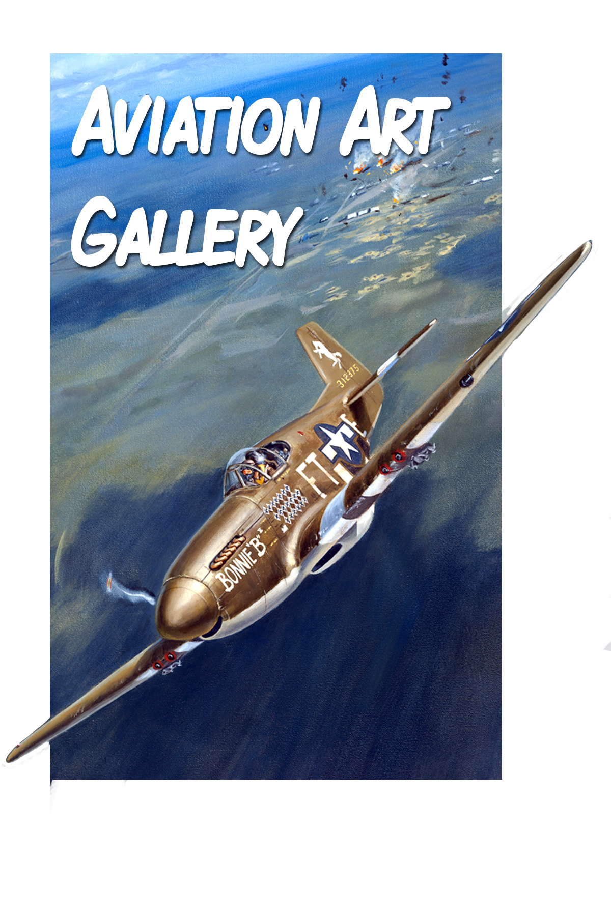 A painting featuring a vintage WWII fighter plane flying low over the ocean with other planes in the distance, labeled 'Aviation Art Gallery' at the top.