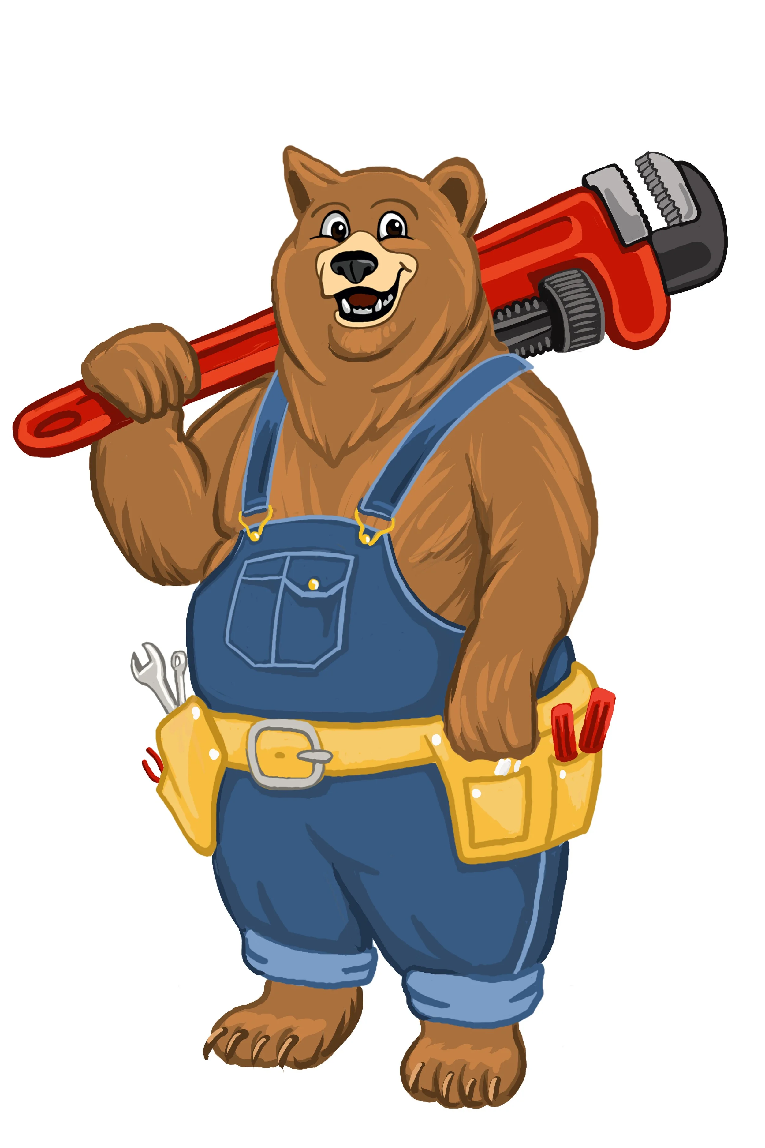 Illustration of a friendly bear dressed as a handyman, holding a large red pipe wrench over its shoulder. The bear is wearing blue overalls with a yellow tool belt and has a cheerful expression.