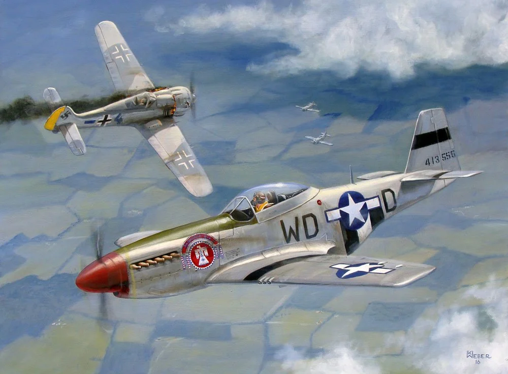 A color painting of World War II P-51 Mustang fighter planes flying high above a landscape with fields and clouds, with smaller planes in the background.