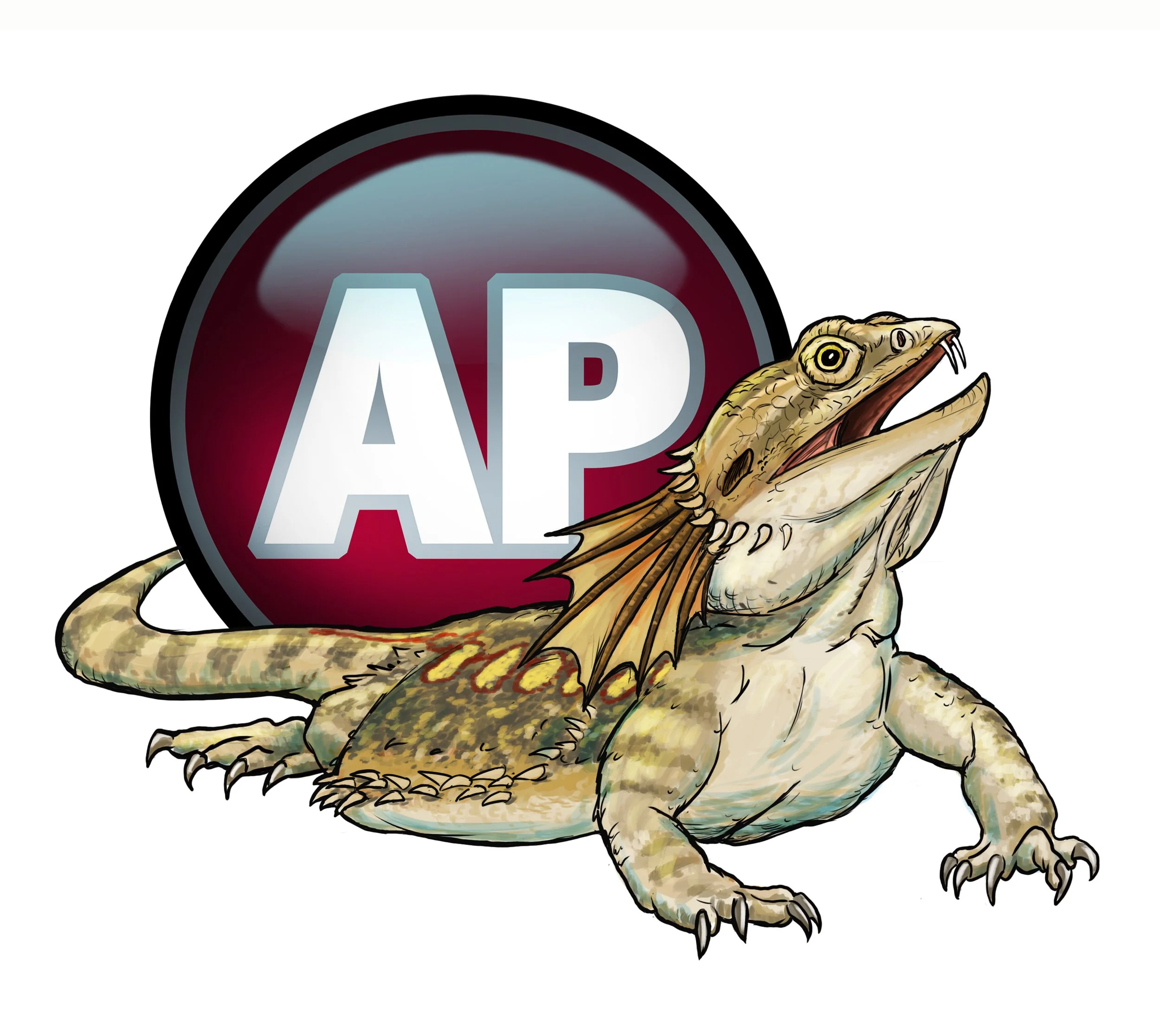 A cartoon alligator with dragon wings and an open mouth, positioned in front of a red and black AP logo.