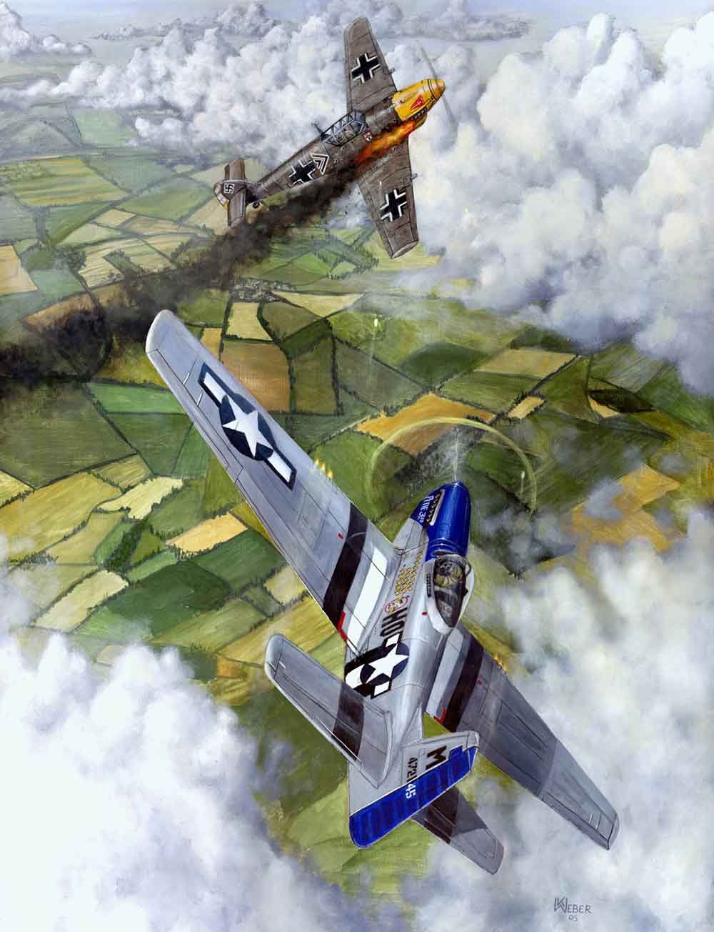 A painting of two World War II fighter planes in a dogfight, flying above farmland with clouds in the background.