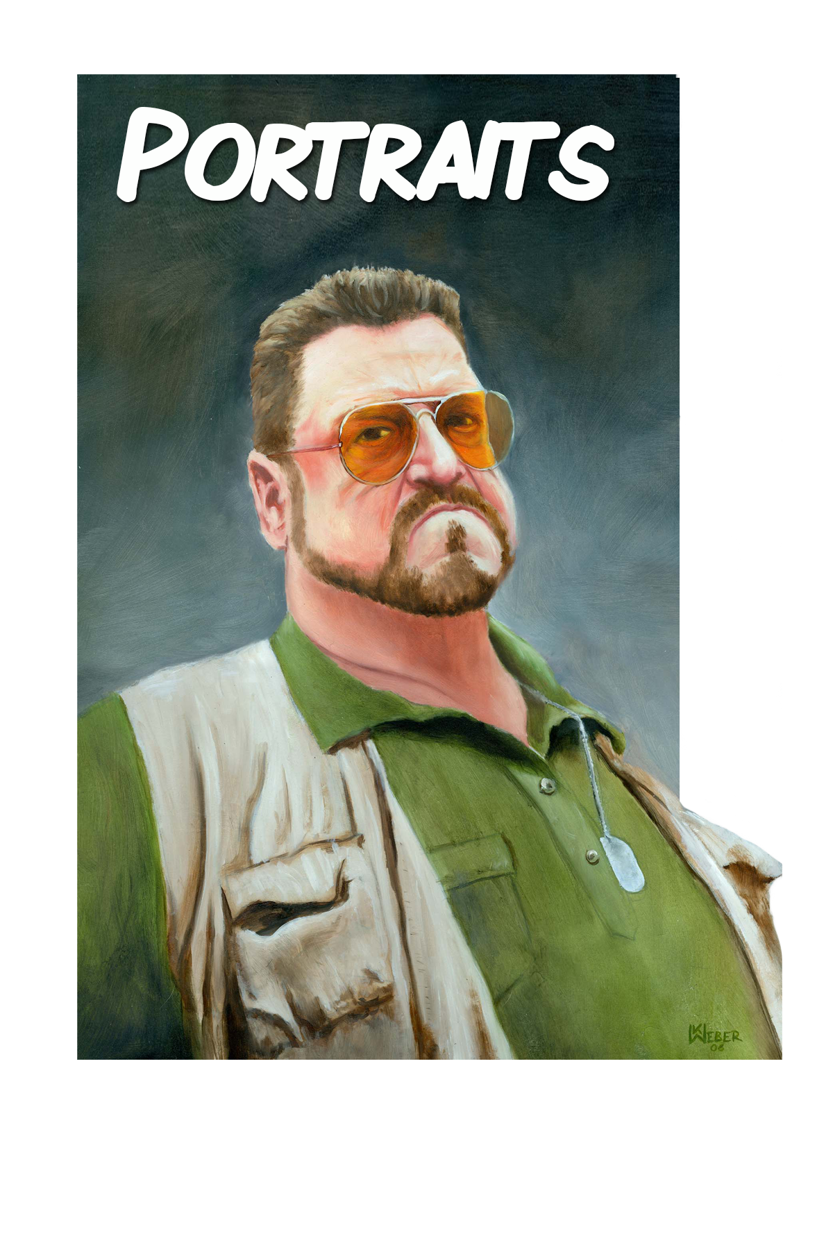 Painting of a man with a stern expression, wearing orange tinted sunglasses and a green shirt with a beige vest, with the word "PORTRAITS" at the top.