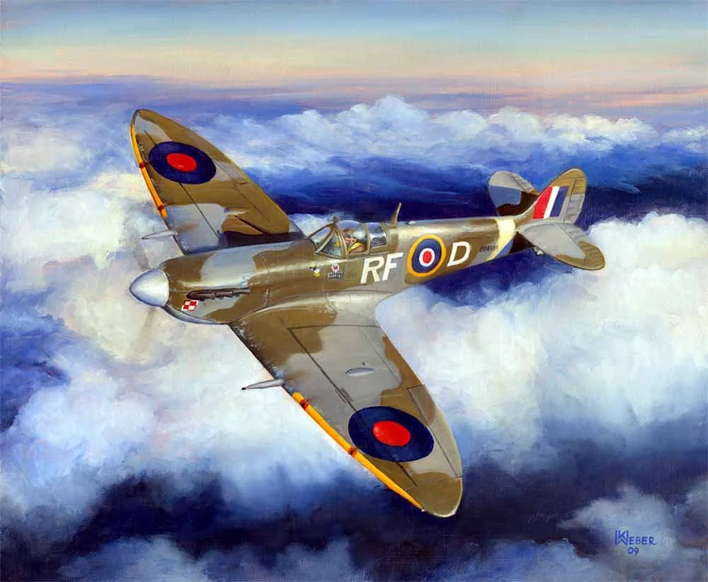 A World War II British fighter plane flying above the clouds at sunset.