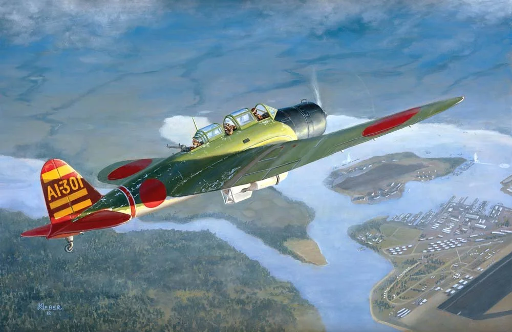 Artwork of a vintage Japanese fighter plane flying over a landscape with water and buildings.