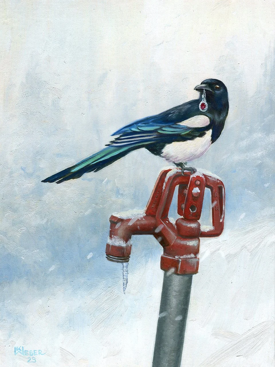 A painted bird standing on a faucet with a teardrop-shaped pendant hanging from its beak.