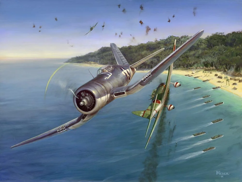 A WWII-era dogfight scene with two fighter planes, one enemy aircraft being shot down over a beach, with explosions and smoke. Several ships are visible offshore, and planes are attacking from the sky.