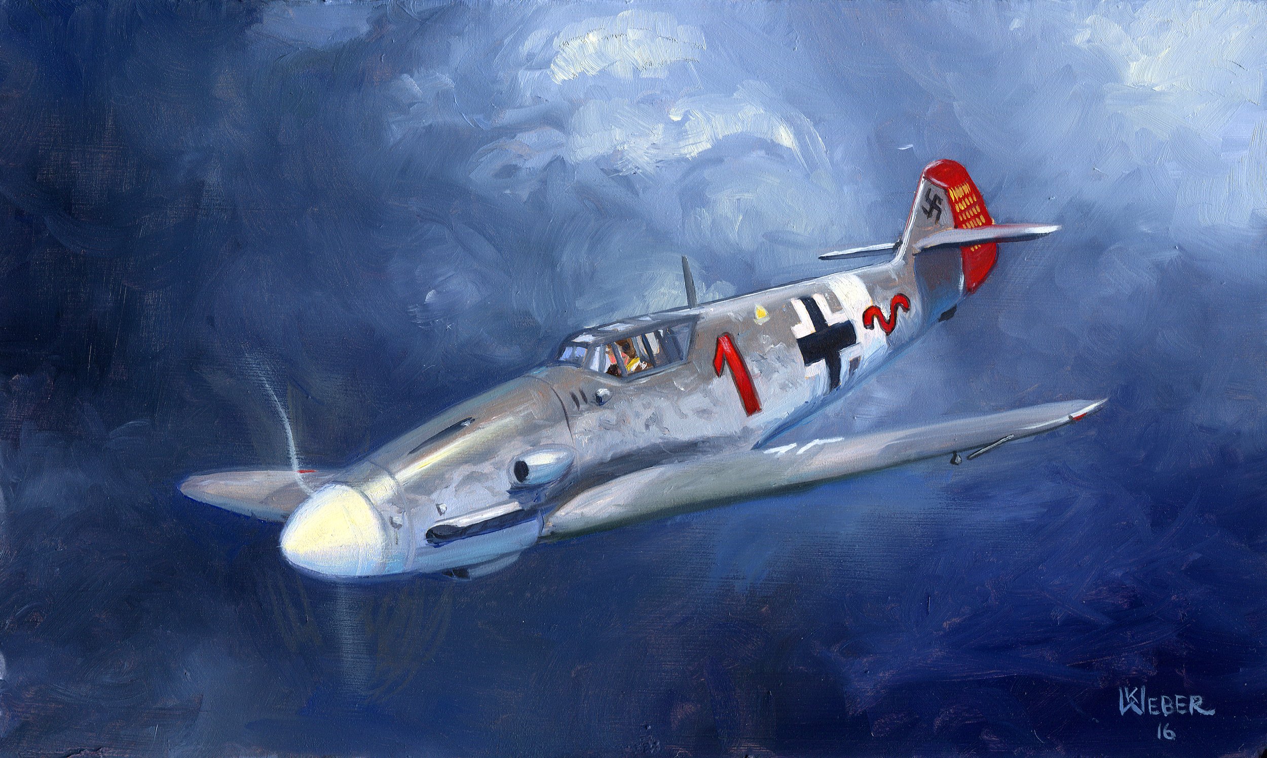 Painting of a WWII German aircraft flying through the sky with a cloudy background.