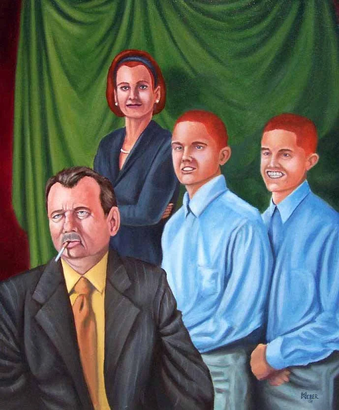 A painting of a woman with short red hair and three men in front of a green curtain background. One man has a cigarette in his mouth, and two young men are smiling.
