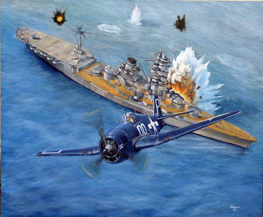 An illustration of a World War II naval battle scene showing a fighter plane flying low over a sinking battleship that is exploding and sinking in the ocean, with underwater explosions and debris.