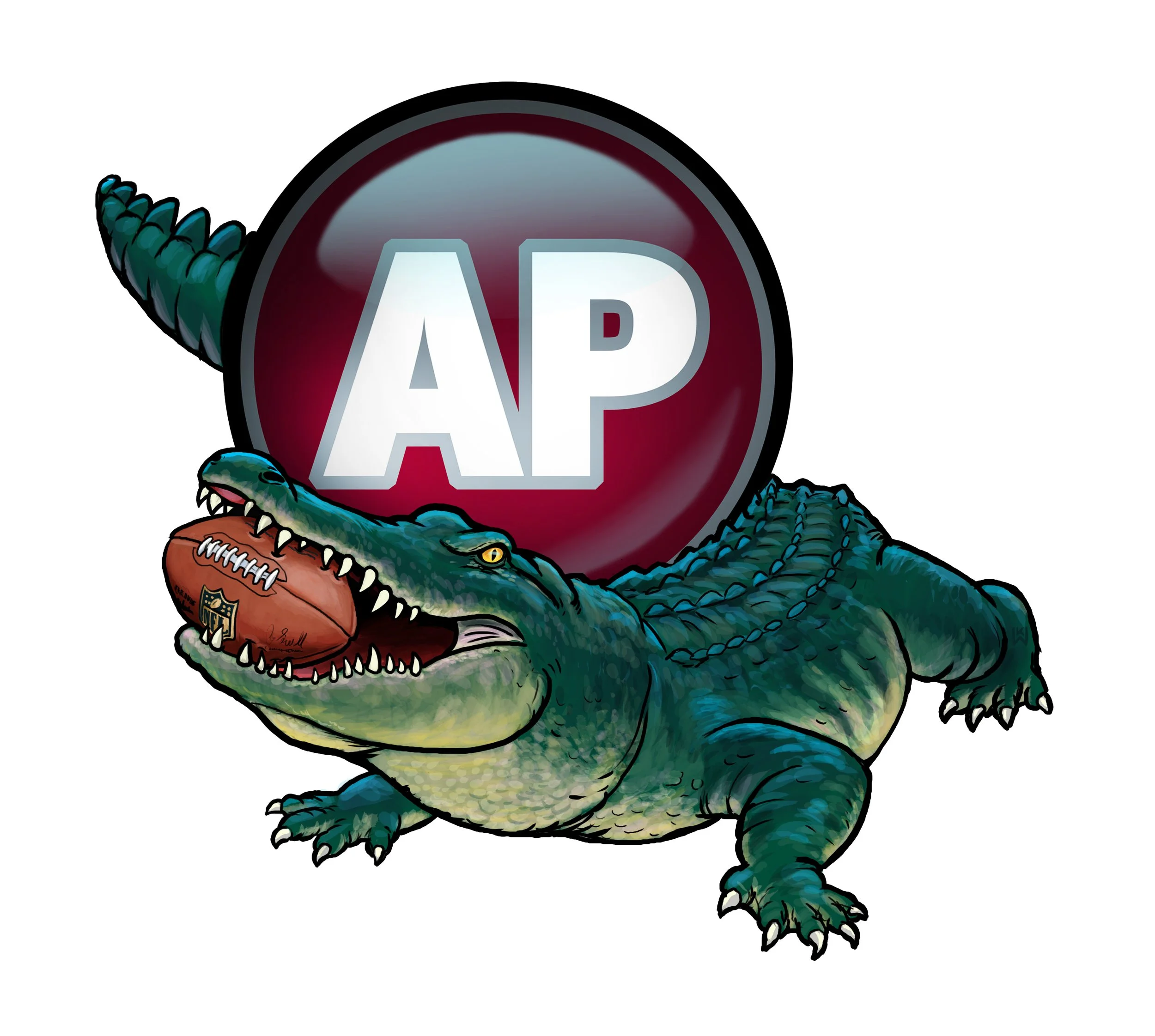 Cartoon alligator holding a football in its mouth with a large red and black button behind it that has the letters 'AP' in white.
